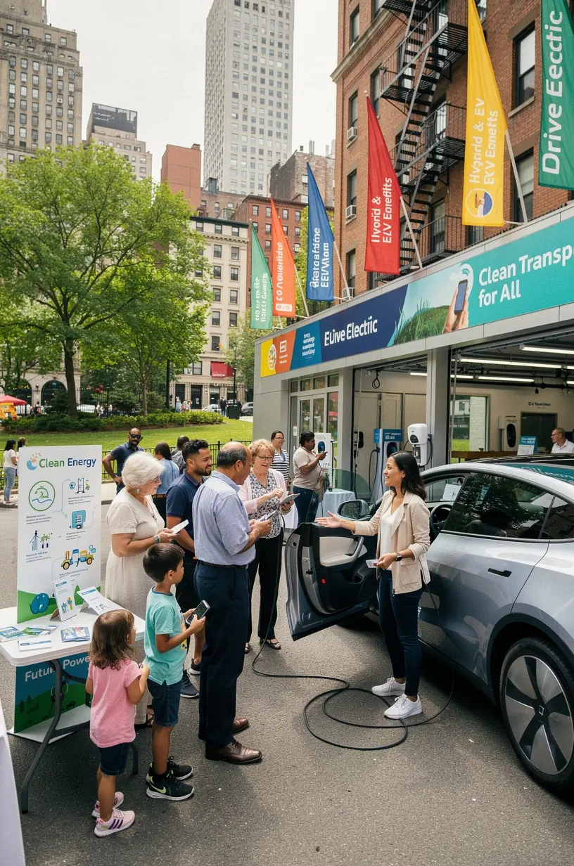Technician inspecting the battery system of a hybrid vehicle at a New York electric vehicle service center.